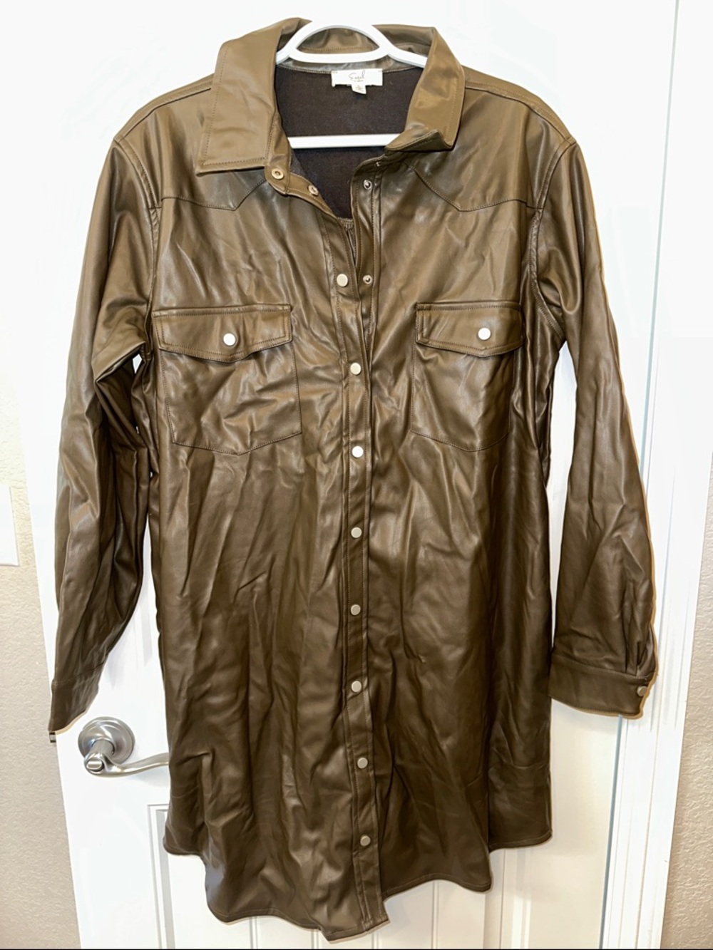 Midi Green/Brown Faux Leather Button-Front Dress